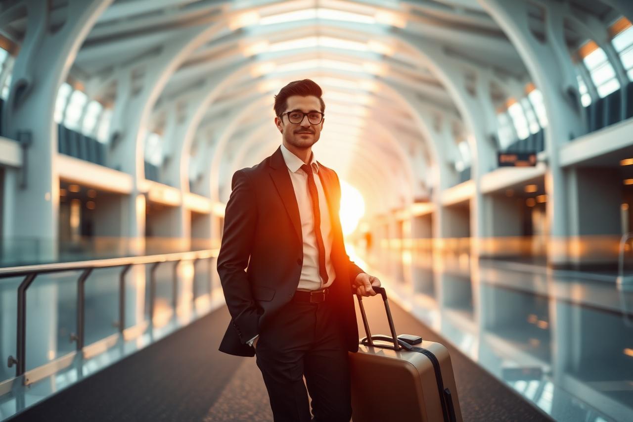 A composed traveler walking through a bright modern airport terminal