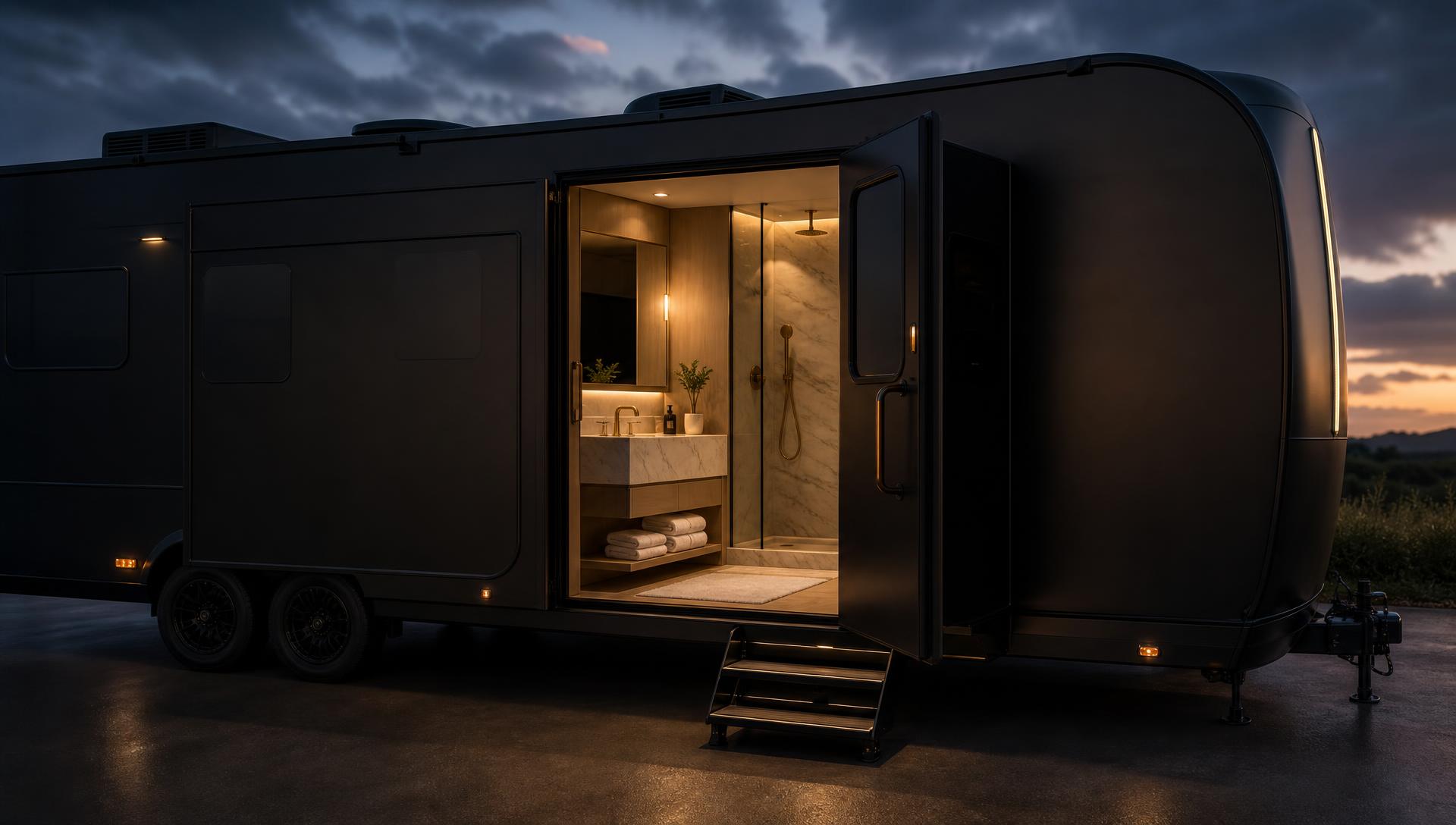 The matte black Refresh Me Mobile luxury refresh suite, gold-lit and open, with a marble vanity and shower inside