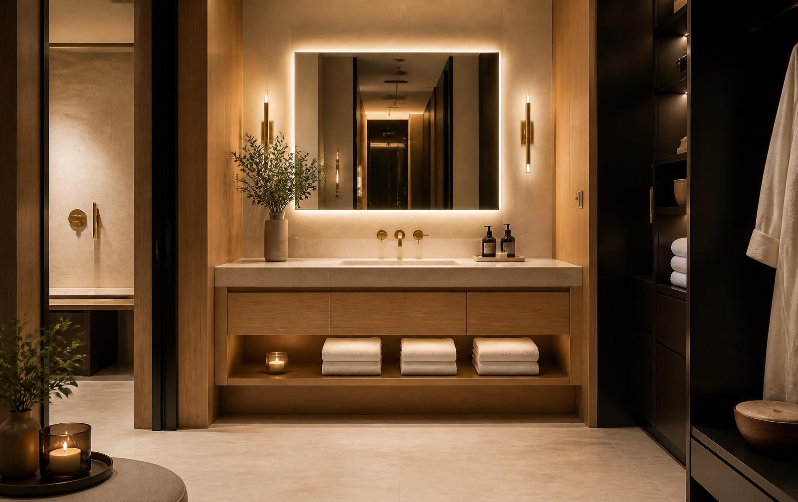 Backlit vanity wall inside a Refresh Me Mobile suite with oak cabinetry and folded white towels