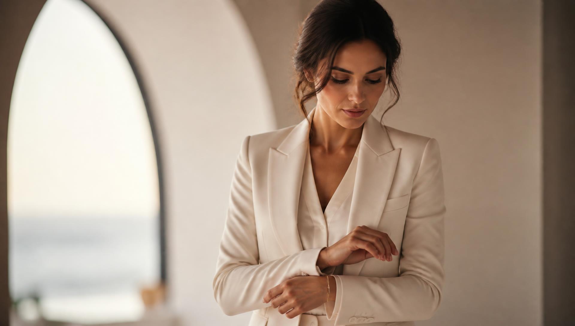 A professional moving through a full day, adjusting a cuff in soft, warm light
